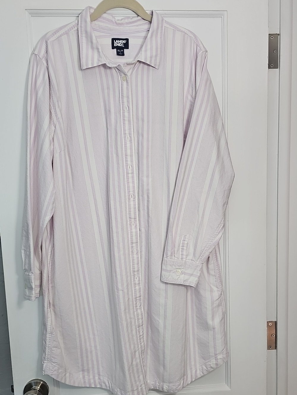 Lands' End Women's  Long Sleeve Light Pink & White Striped Shirt Dress XL